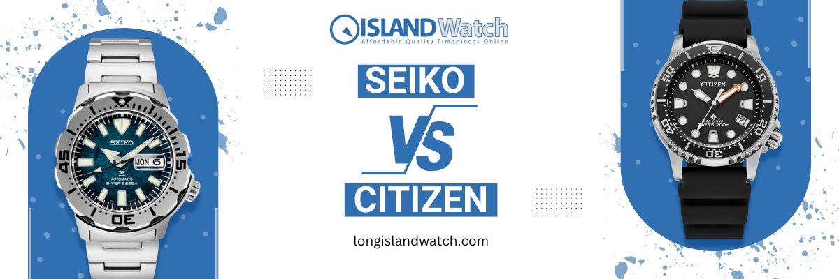 Seiko dive watch vs. Citizen dress watch comparison by Island Watch. Seiko dive watch vs. Citizen dress watch comparison by Island Watch.