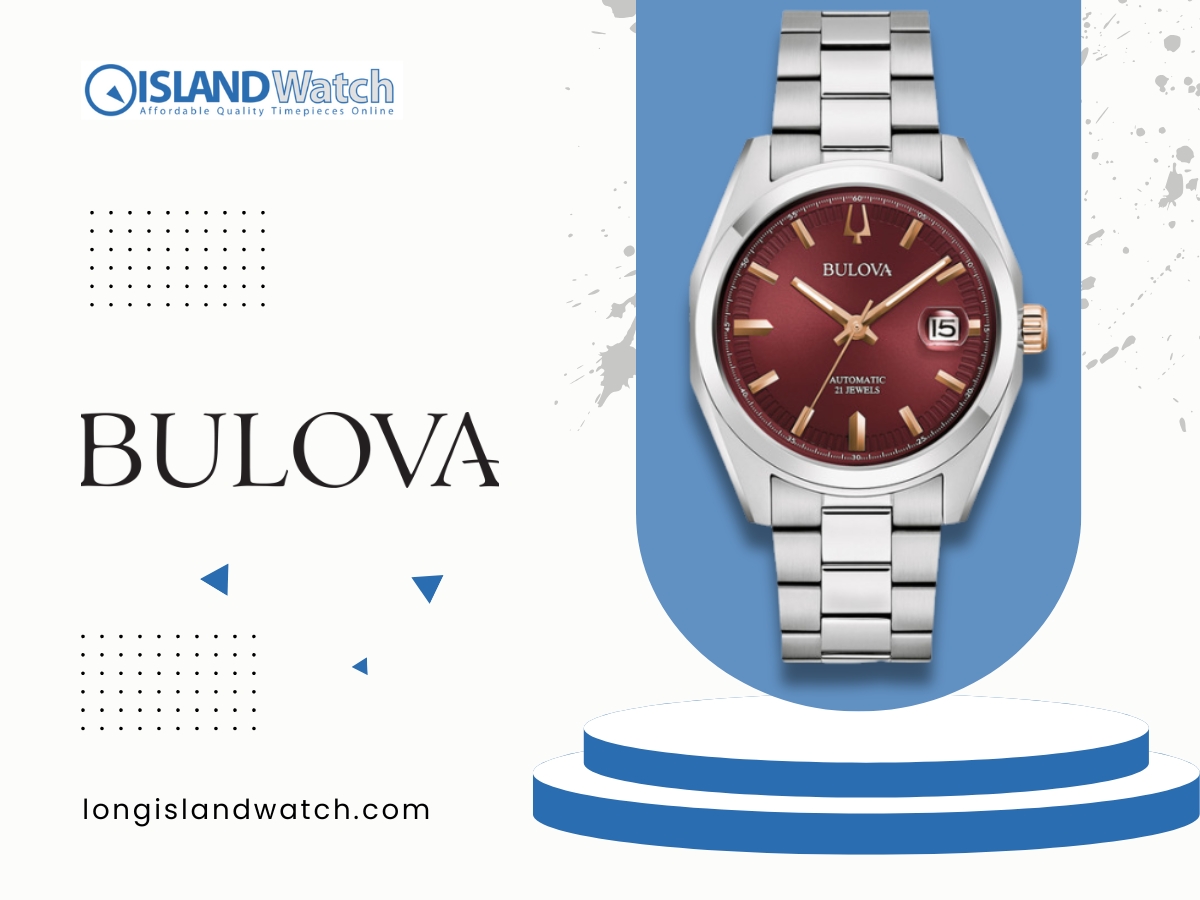 Bulova automatic watch with a stainless steel bracelet and a striking red dial, emphasizing its classic design and precision craftsmanship.  Bulova automatic watch with a stainless steel bracelet and a striking red dial, emphasizing its classic design and precision craftsmanship.