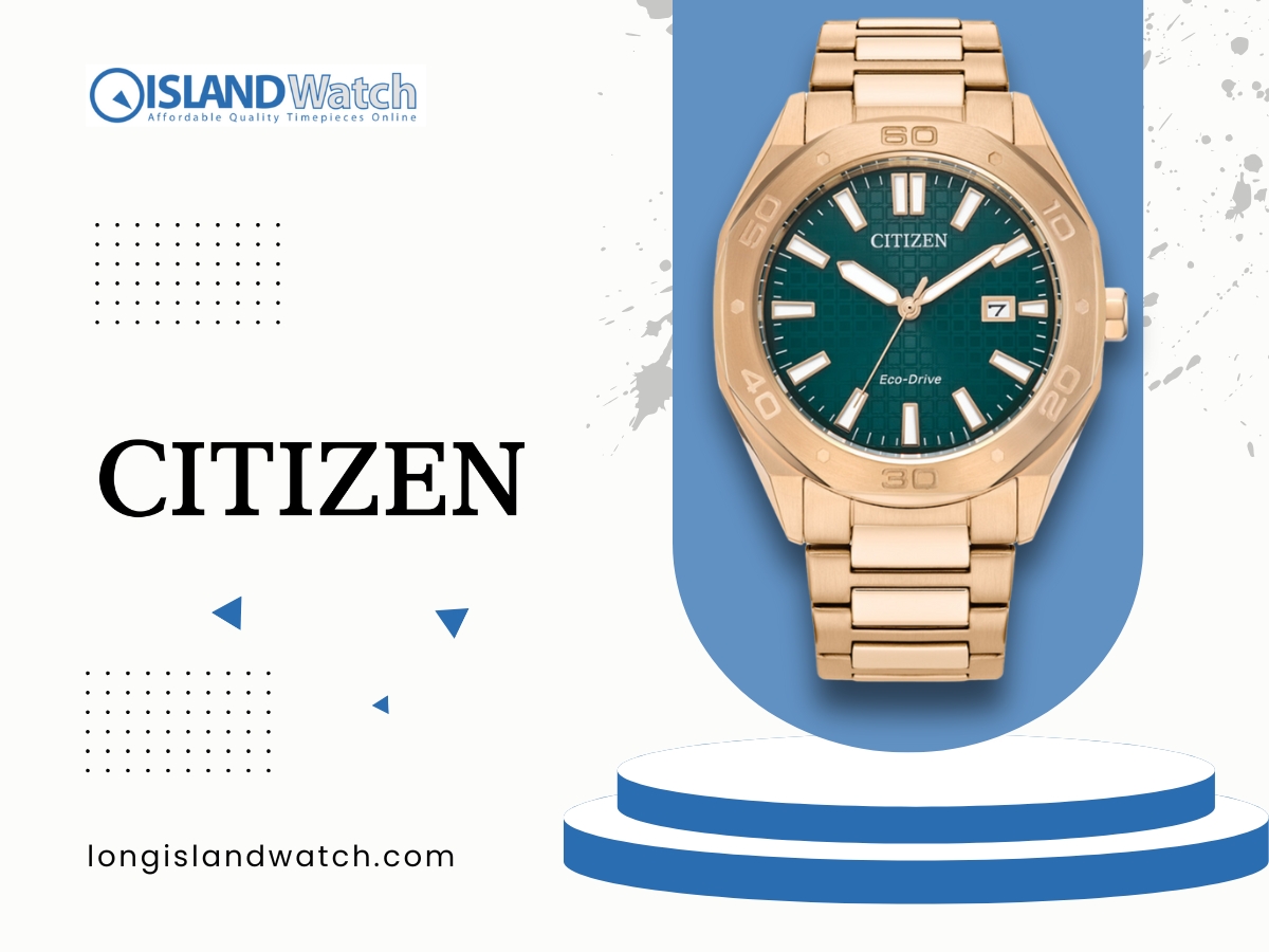 Citizen gold-tone watch with green dial and Eco-Drive technology. Citizen gold-tone watch with green dial and Eco-Drive technology.