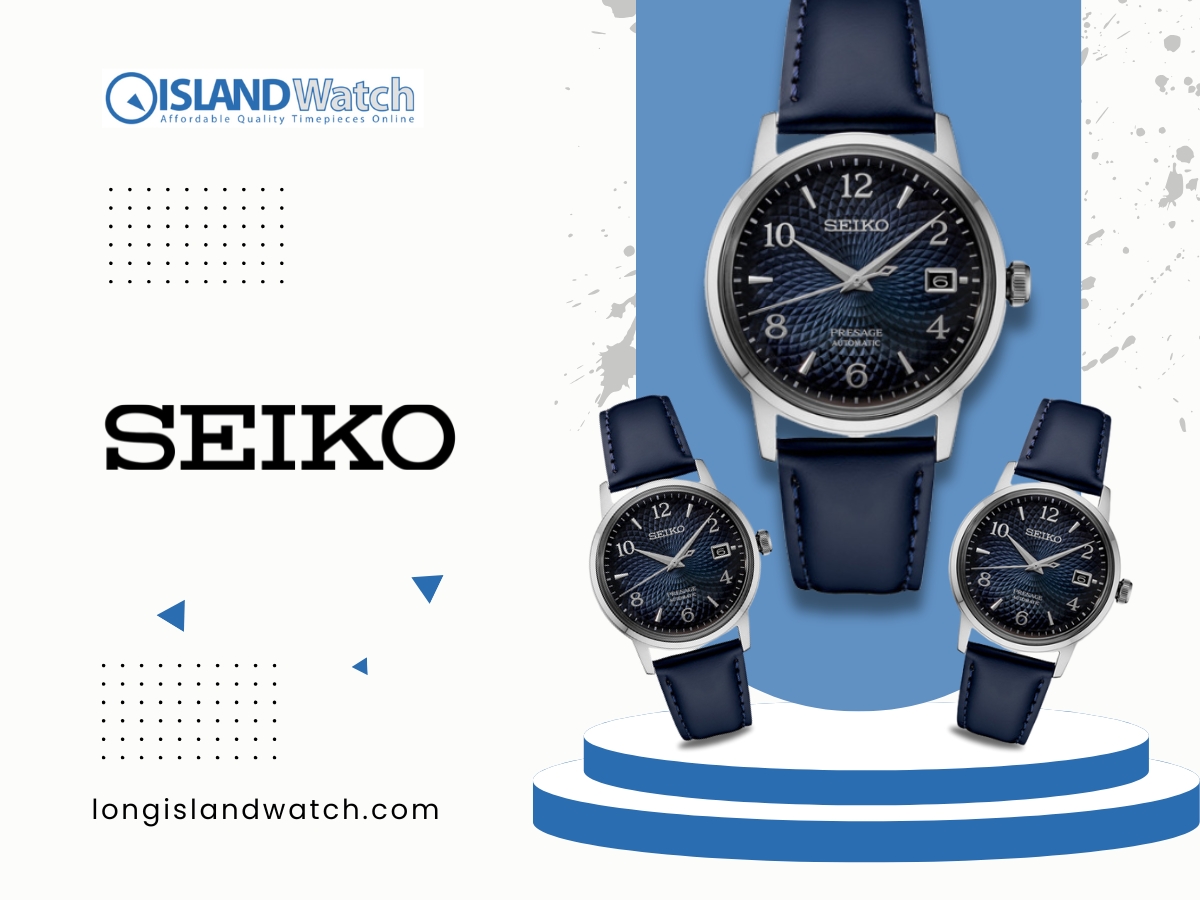 Seiko Presage watch with blue leather strap and textured dial. Seiko Presage watch with blue leather strap and textured dial.
